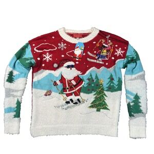 NEW Blizzard Bay women's Size S SANTA Skiing Lift winter Merry Christmas Sweater